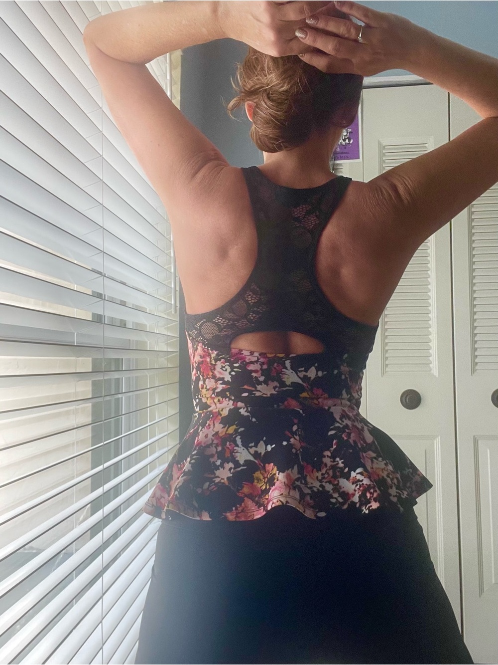Material Girl Black Floral Lace-Back Peplum Tank Top